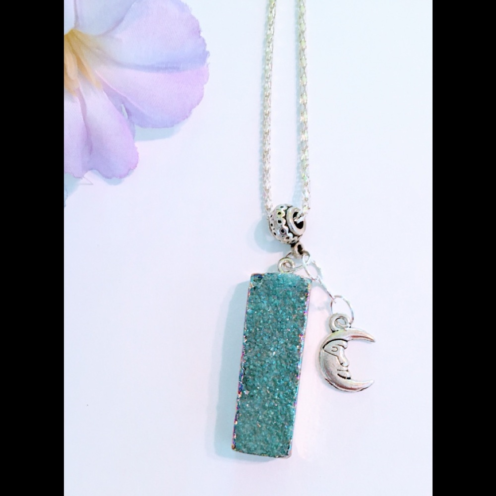 Aqua Druzy Quartz Pendant Necklace moon charm